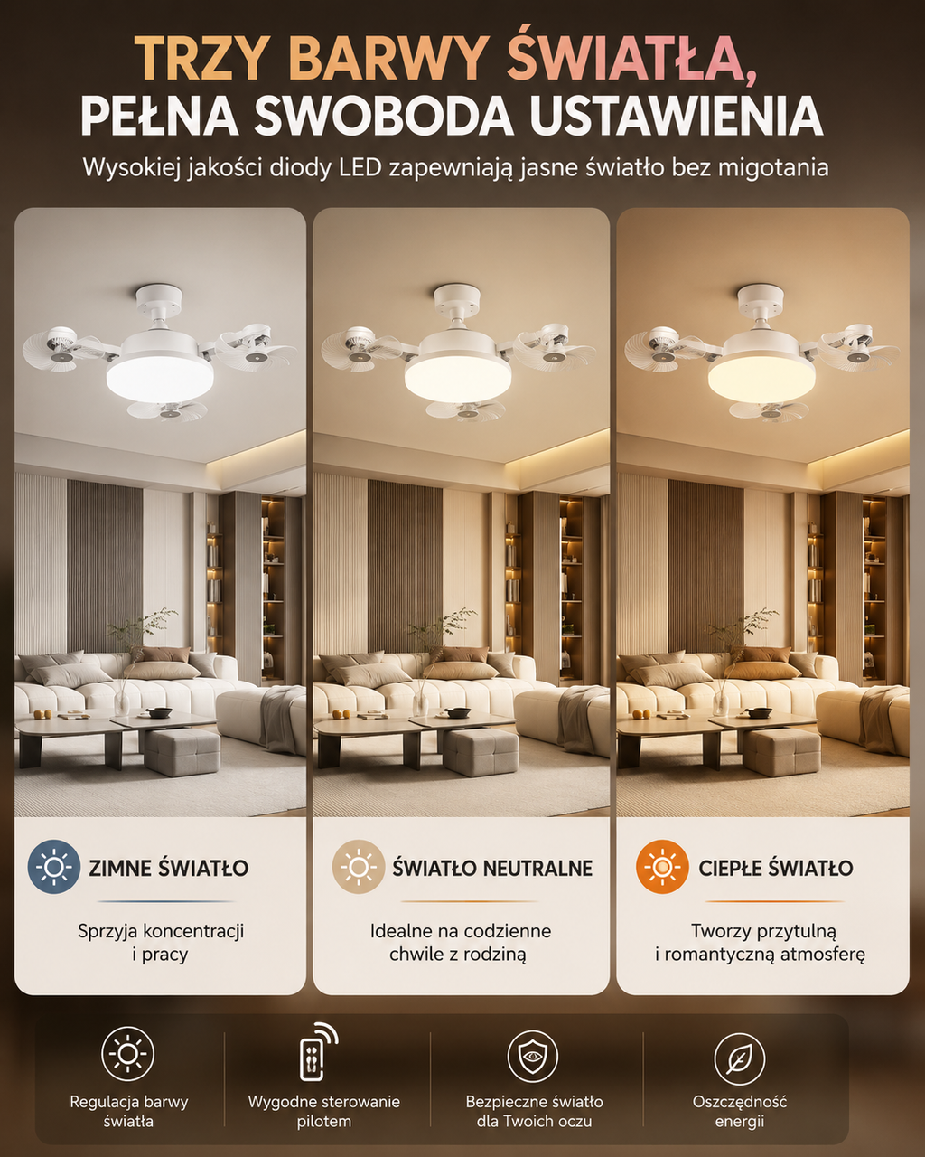 Lampa Wentylator LED 3w1 – Oświetlenie Sufitowe z Funkcją Chłodzenia | 3 Tryby Światła, 3 Prędkości