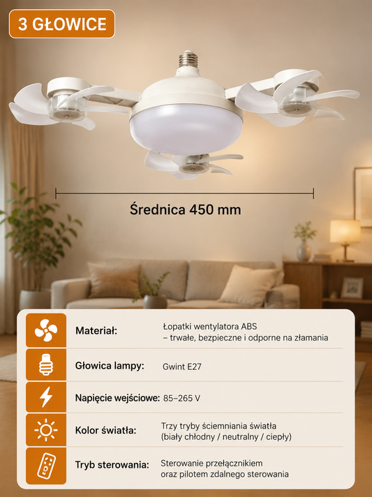 Lampa Wentylator LED 3w1 – Oświetlenie Sufitowe z Funkcją Chłodzenia | 3 Tryby Światła, 3 Prędkości
